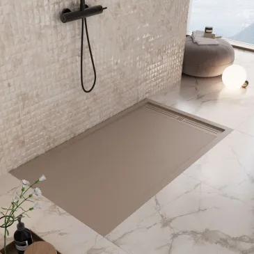 Receveur de douche en résine gris tourterelle avec trou latéral en grille