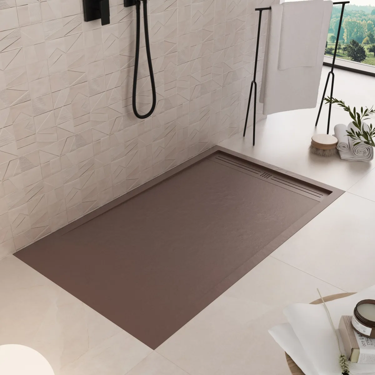 Receveur de douche en résine brune avec trou latéral GRID
