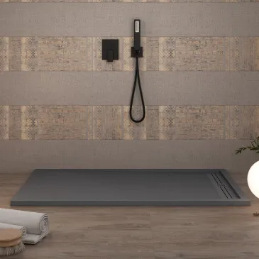 Receveur de douche en résine gris foncé avec trou latéral GRID