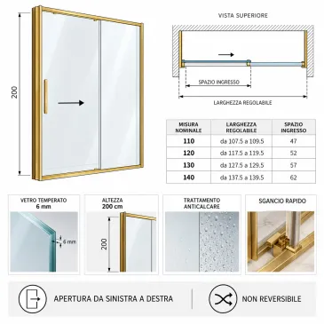 Cabine de douche Star en or brossé, 6 mm d'épaisseur et 200 cm de hauteur | Mondialshop