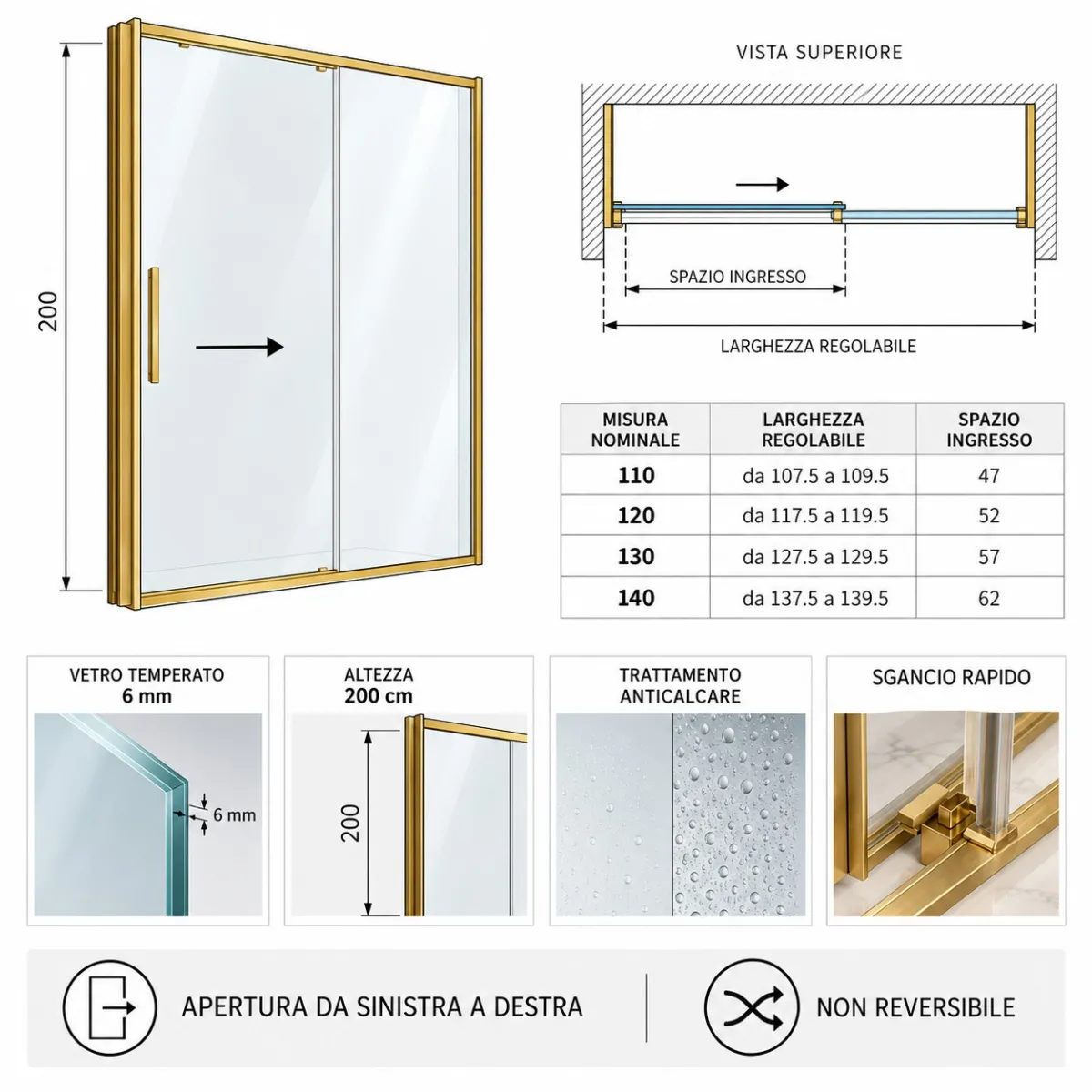 Porta doccia Star oro spazzolato, 6 mm e h 200 cm |...