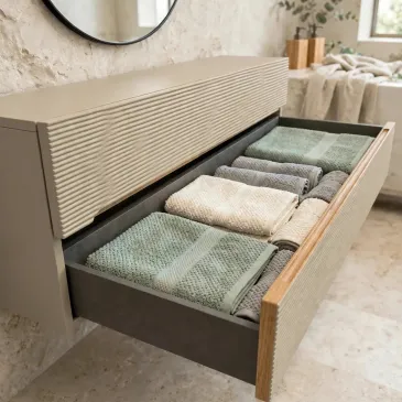 Meuble-lavabo en chêne côtelé avec vasque et éclairage LED | Mondialshop
