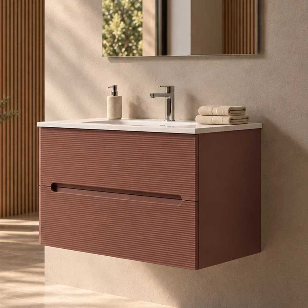 Mobile bagno cannettato Rovere con lavabo e lampada LED |...