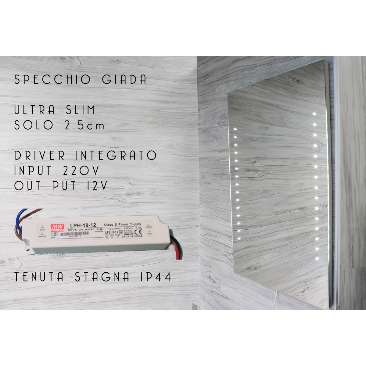 Miroir de salle de bain 60 x 80 cm (L x H) avec éclairage LED