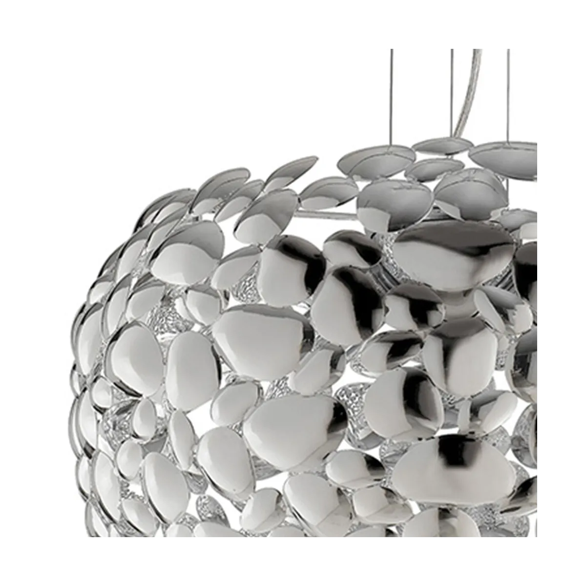 Lampada a sospensione 60W 5XE27 diametro 65cm cromo GRAPE. Moderno punto luce con struttura in metallo a forma di sassi