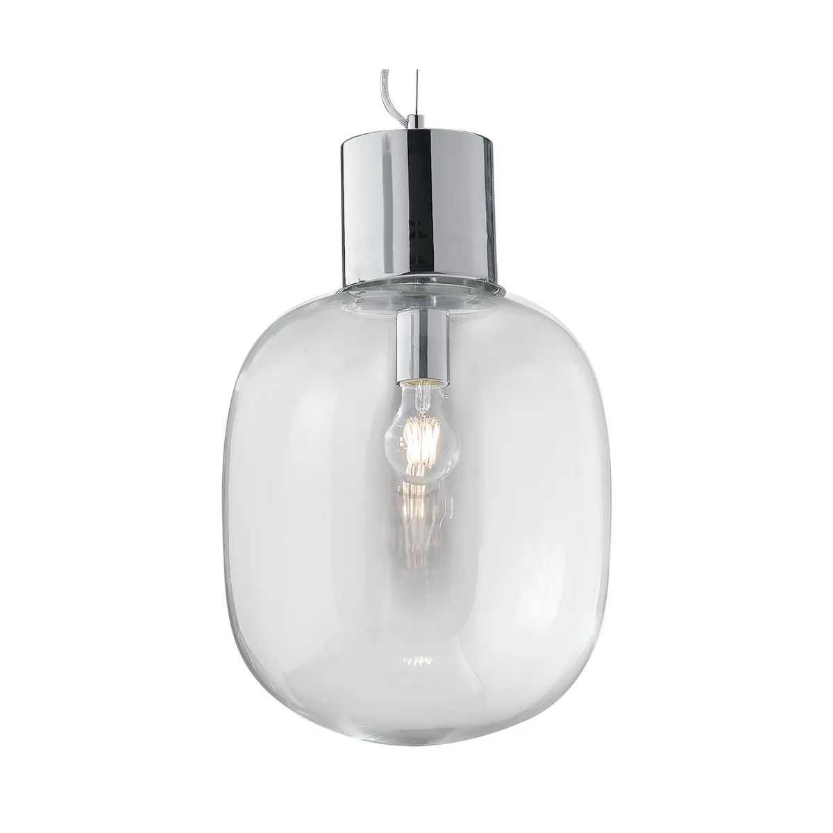 Lampada a sospensione 25W E27 diametro 30cm cromo GILDA. Punto luce moderno dalla forma cilindrica, in vetro e metallo.