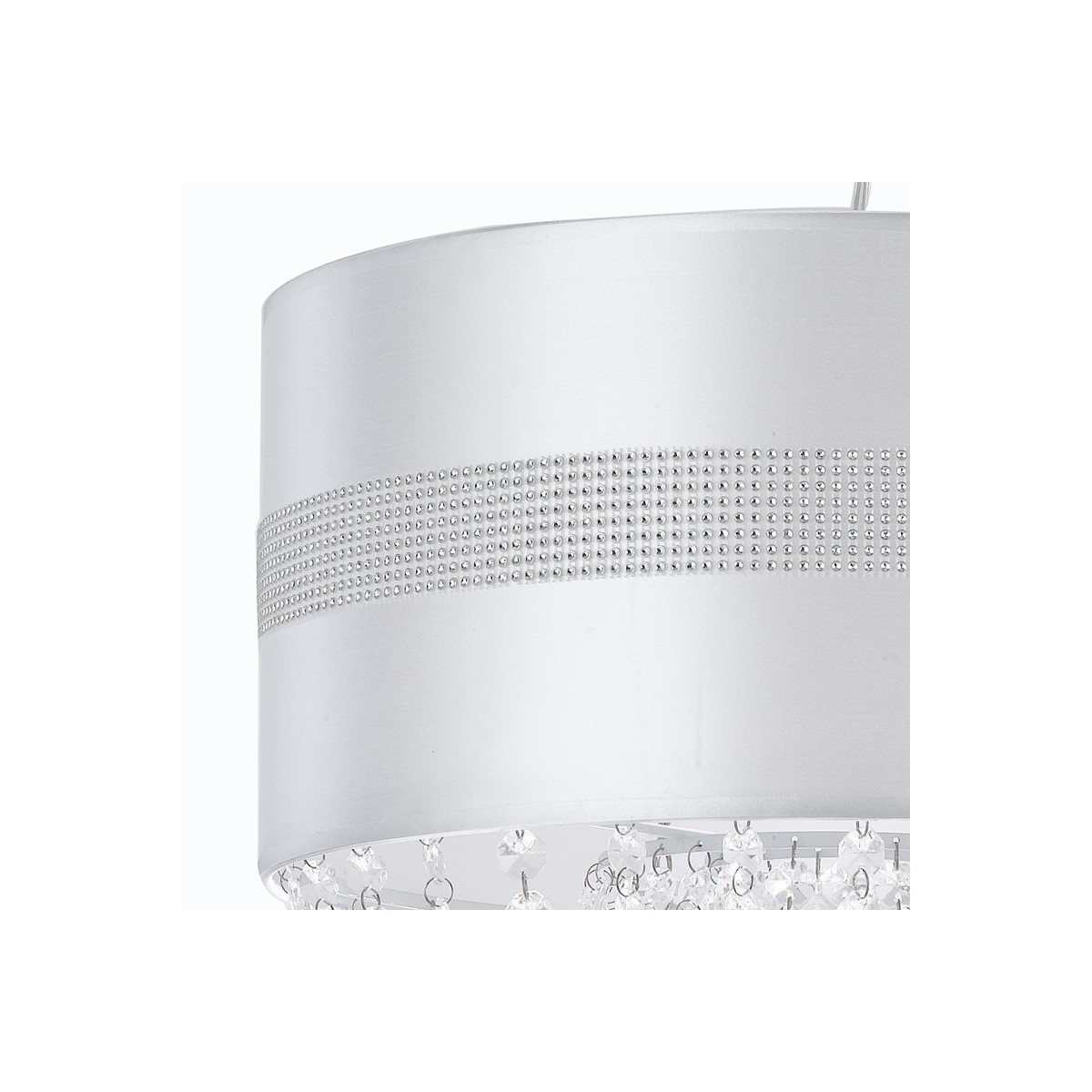 Abat-jour en tissu blanc brillant avec bande décorative et pendentifs en acrylique Lustre Chignon