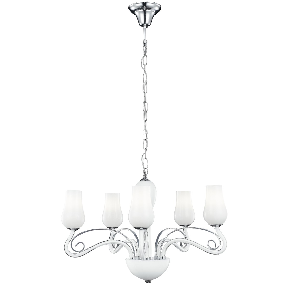 I-ANGEL/5 - Lampadario a Sospensione Classico Vetro Soffiato Bianco Trasparente Decoro Cromato E14