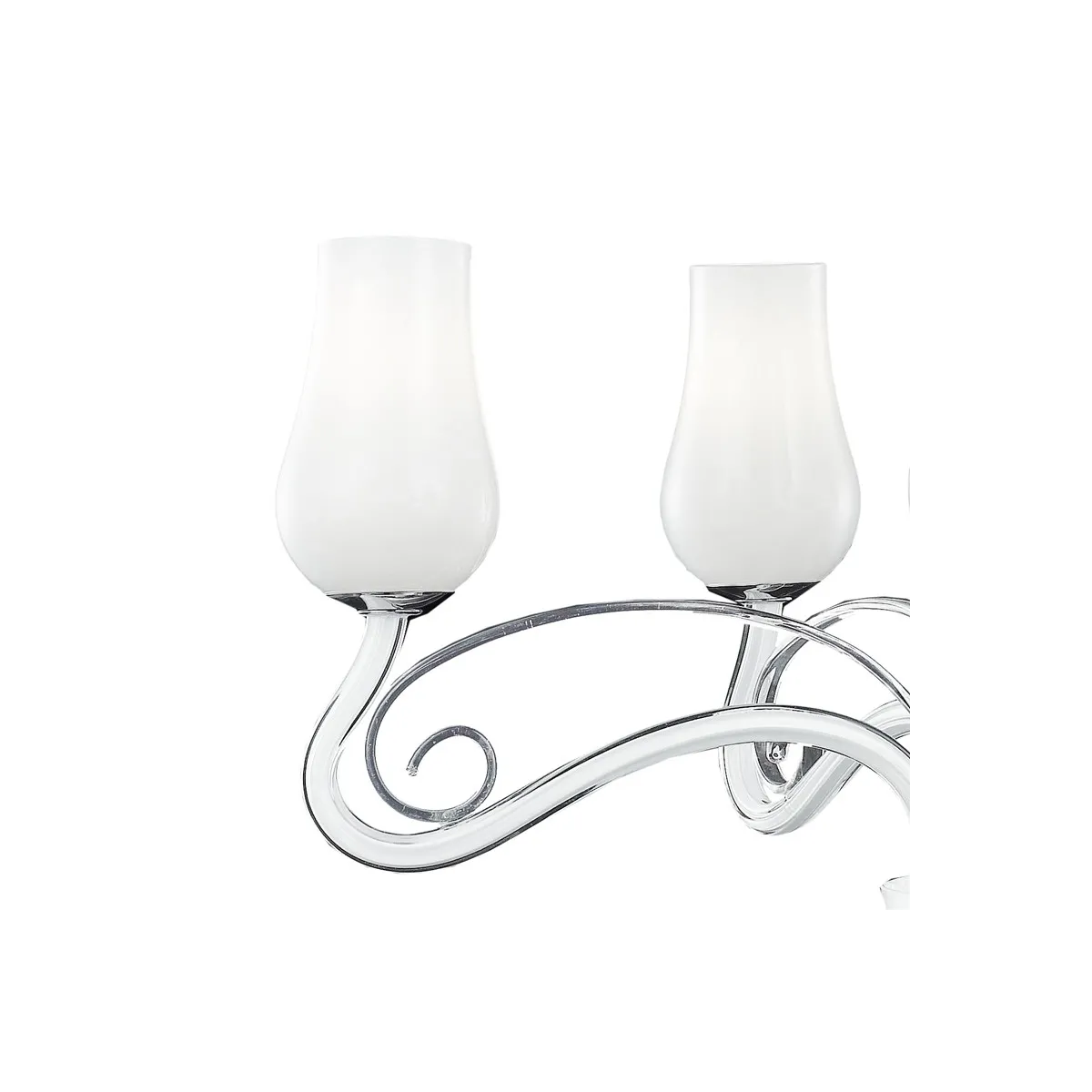 Lampadario Angel 5 luci con Struttura in Vetro Soffiato Trasparente Diffusori Bianchi e Ricciolo in Metallo