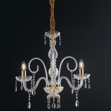 Lampadario a Sospensione Classico a 3 Bracci Oro con cristalli K9 e gocce in vetro 3XE14