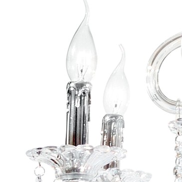 Lustre en verre à 8 lumières avec pendentifs en cristal et finitions en chrome.