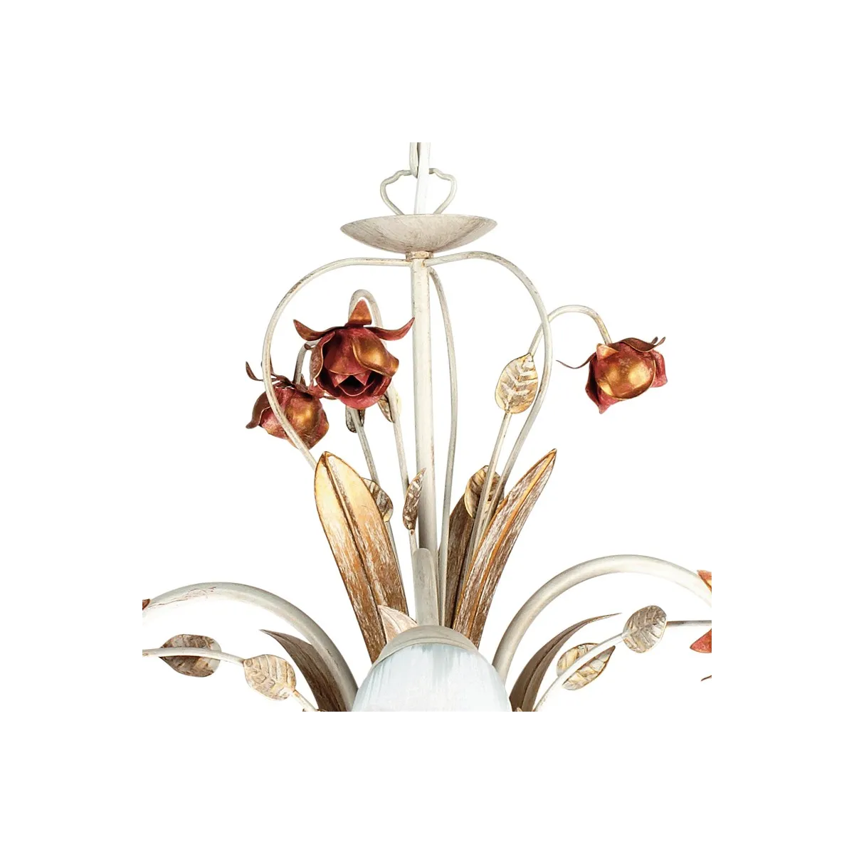 Lustre en métal rose avec diffuseurs en verre et décoration rose artisanale