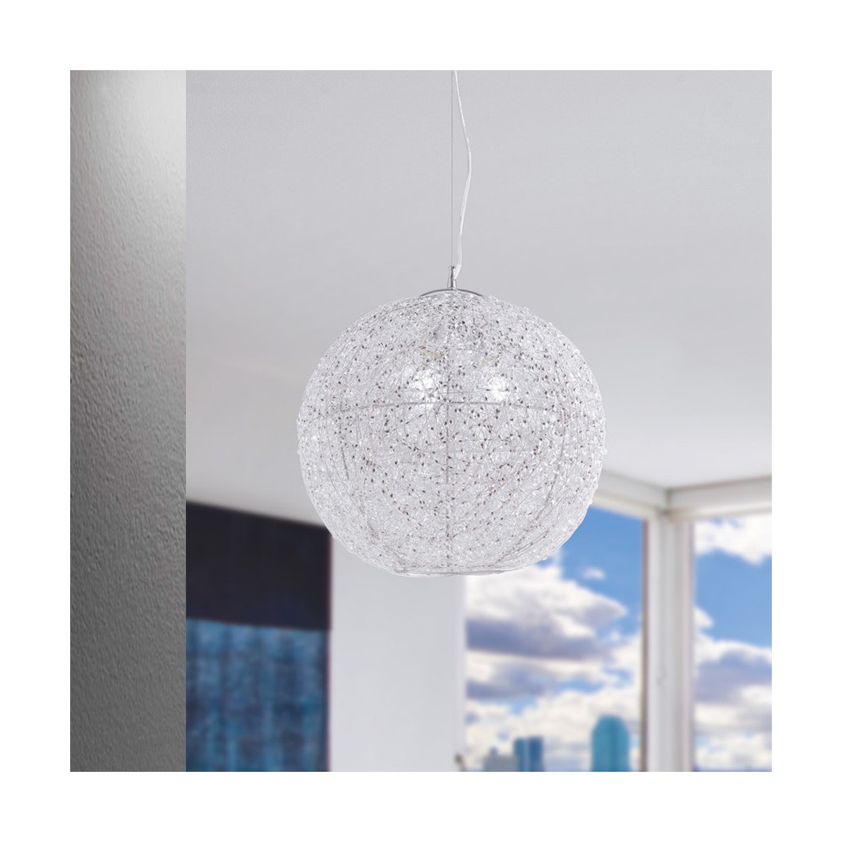 I-ASTRA/S45 - Lampadario Sospeso Moderno Sferico Cristalli Fili Alluminio Intrecciati E27