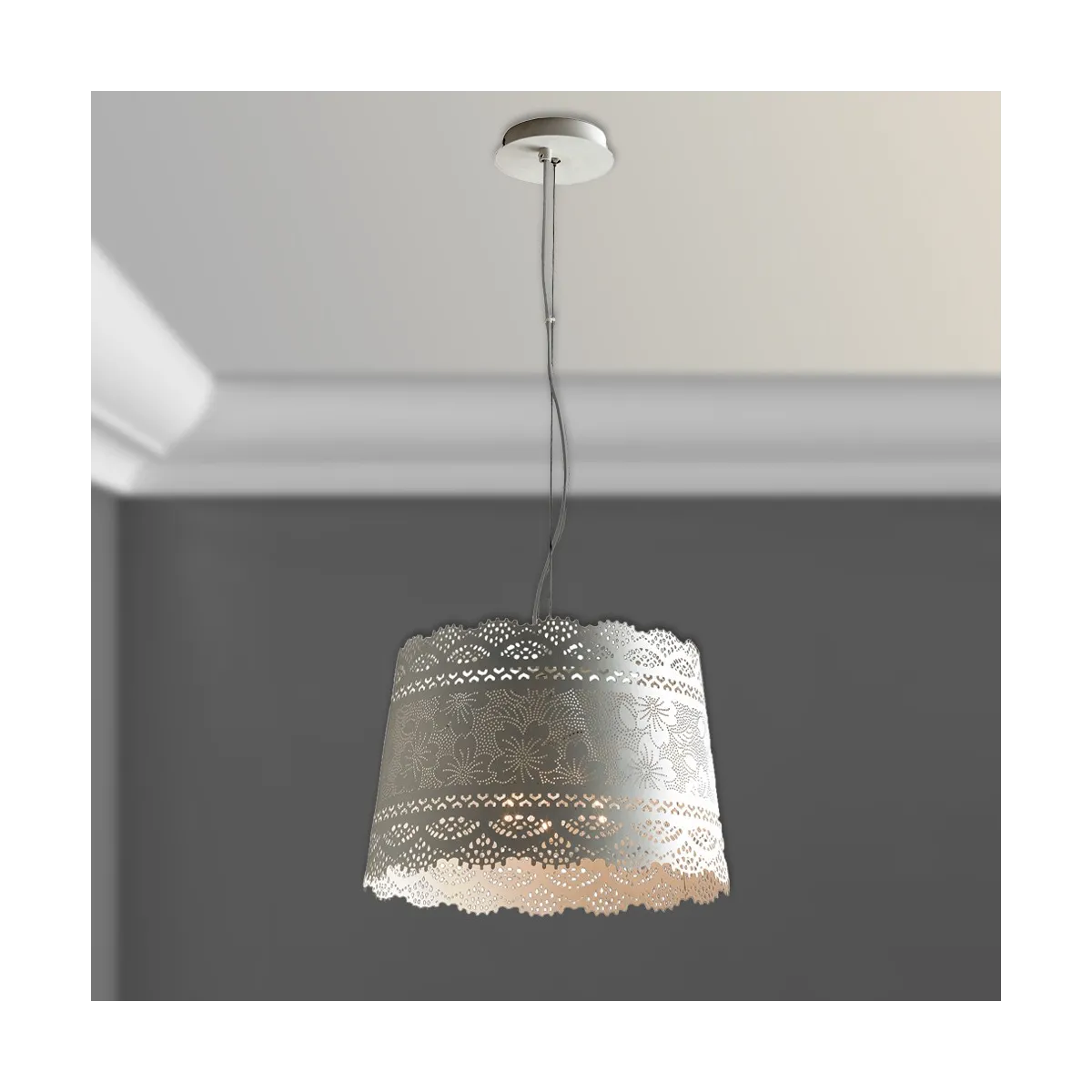 I-CLUNY-S40 - Lampadario Sospeso paralume Forato Pizzo Bianco Opaco Moderno E14