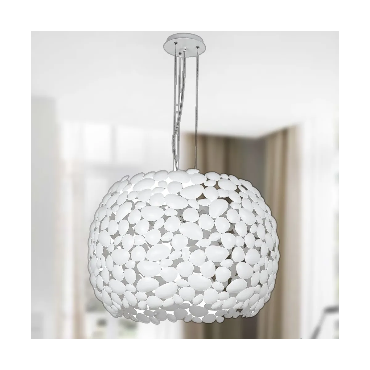 Lampada a sospensione 60W 5XE27 diametro 65cm bianca GRAPE. Moderno punto luce con struttura in metallo a forma di sassi