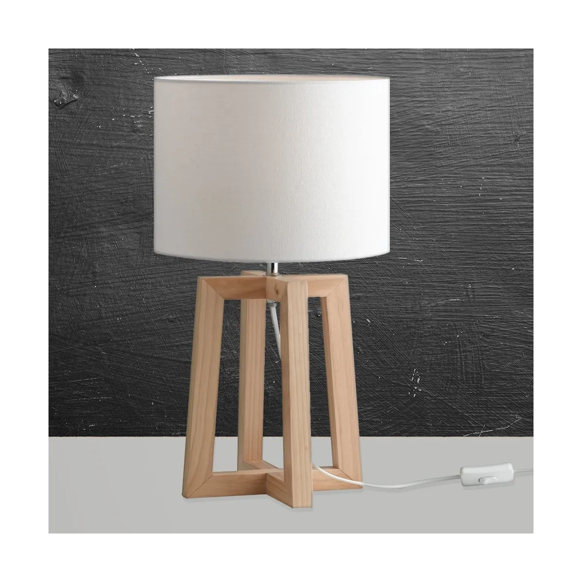 Lampada Berry con Fusto in Legno Naturale e Paralume in Tessuto Bianco incluse Pulsante D'accensione