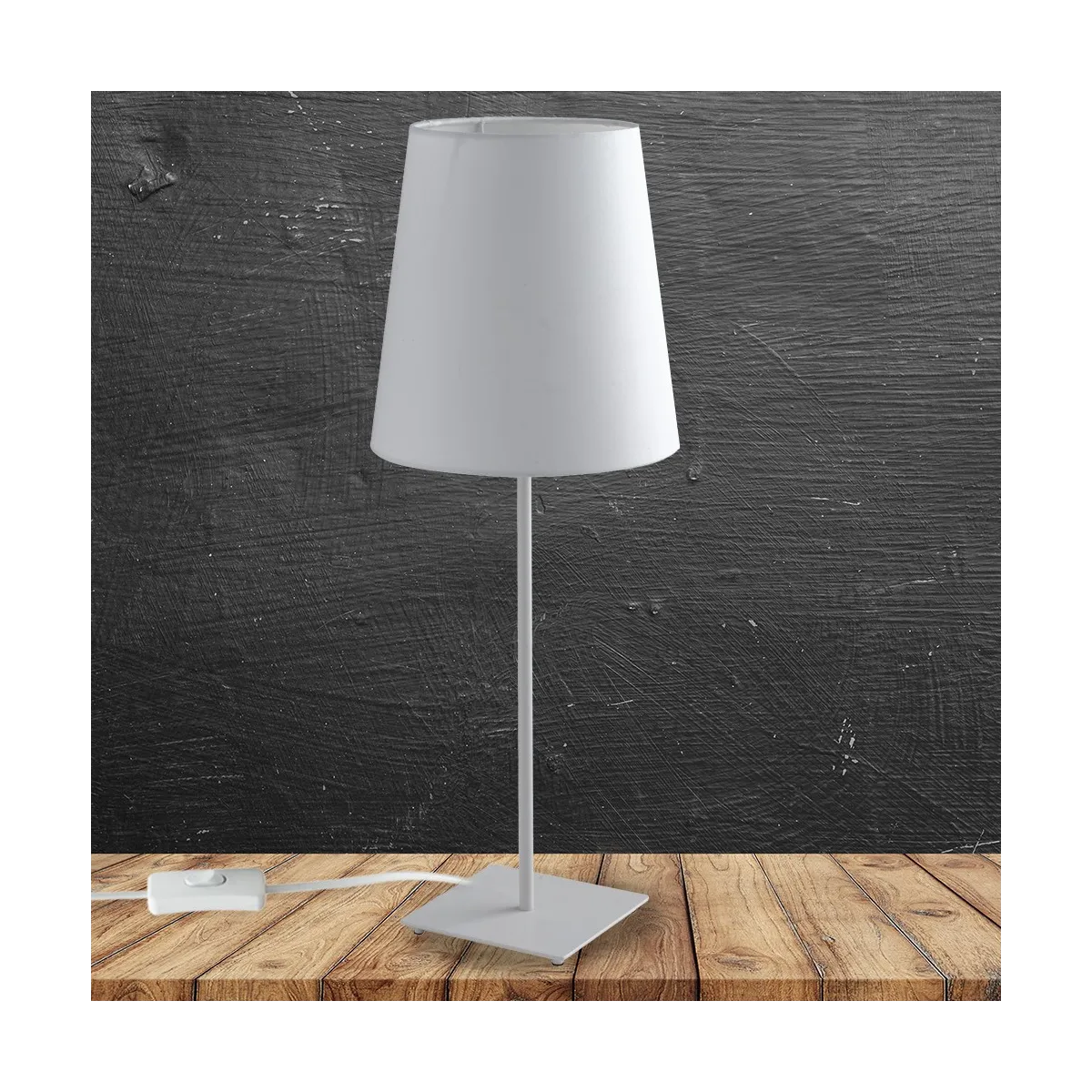Lampe Elvis blanche avec base en métal et abat-jour en tissu