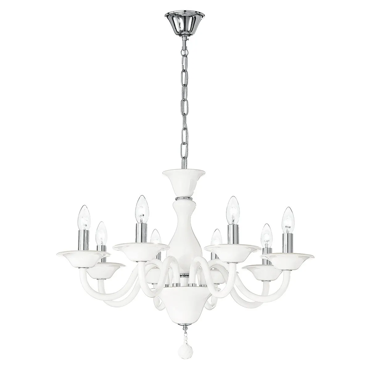 I-SOFFIO/8 - Lampadario Sospeso Bianco Pasta di Vetro Finiture Cromo Interni Classici E14