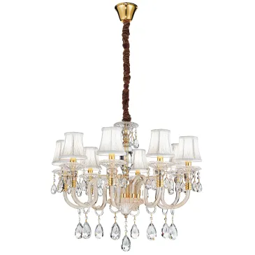 I-MONET / 8 - Lustre Baroque Gouttes K9 Cristal Finition Or Abat-jour Tissu Décoré Classique E14