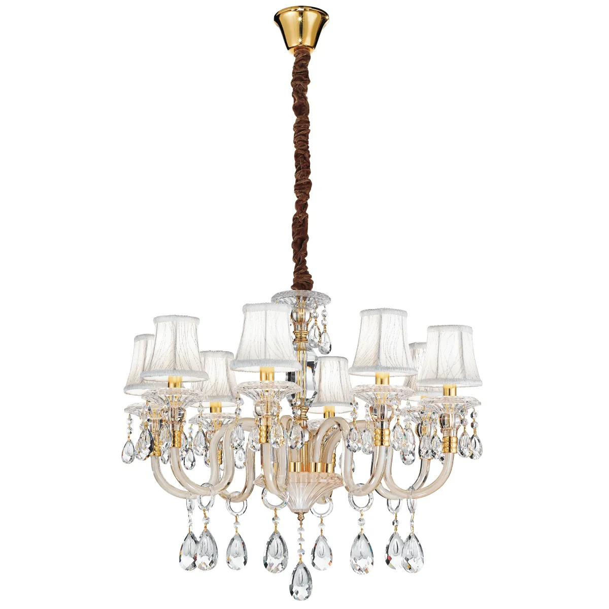 I-MONET / 8 - Lustre Baroque Gouttes K9 Cristal Finition Or Abat-jour Tissu Décoré Classique E14