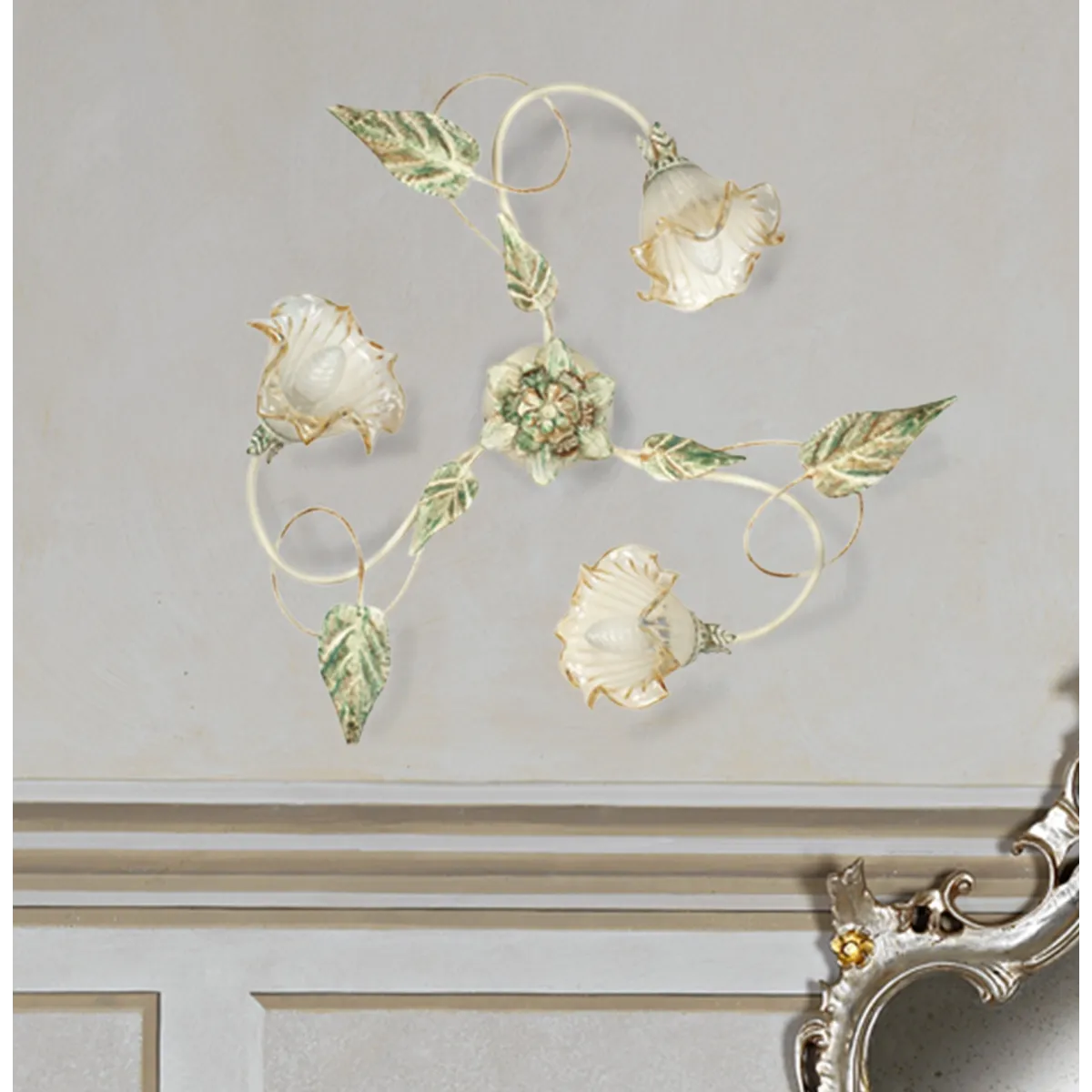 I-PRIMAVERA/PL3 - Plafoniera Classica Metallo Diffusori Vetro Decoro a Mano Floreale E14