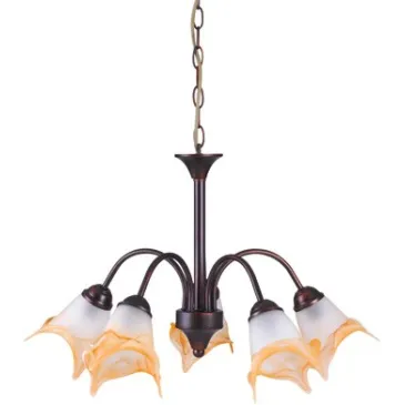 1162 Lustre en métal couleur rouille avec suspension à chaîne et diffuseurs en verre blanc et ambre dessinés à la main