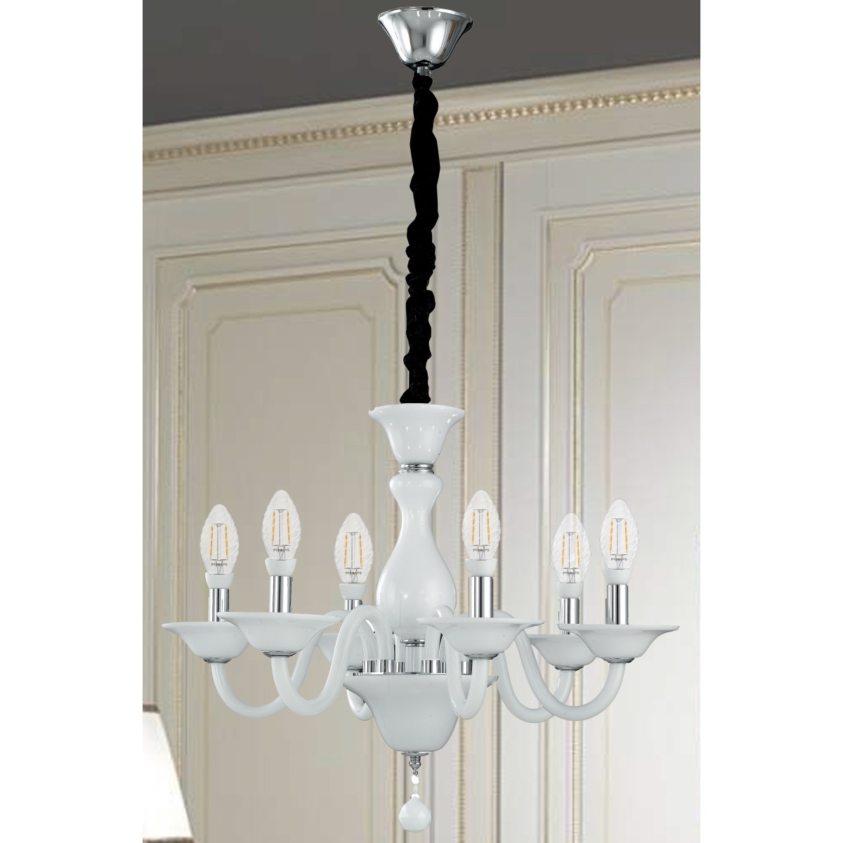 Lustre Soffio 6 lumières en verre blanc avec finitions Chrome FanEurope