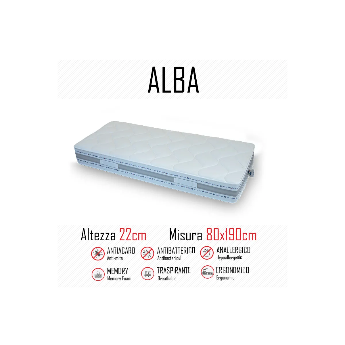 Alba-Matratze 80x190 aus Gummi und Memory 22 cm hoch