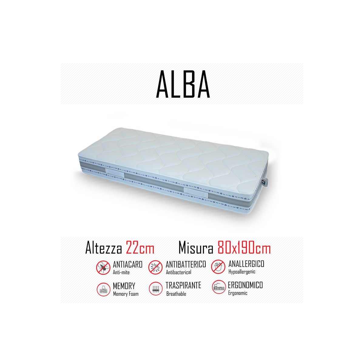 Materasso Alba 80x190 in gomma e memory alto 22cm