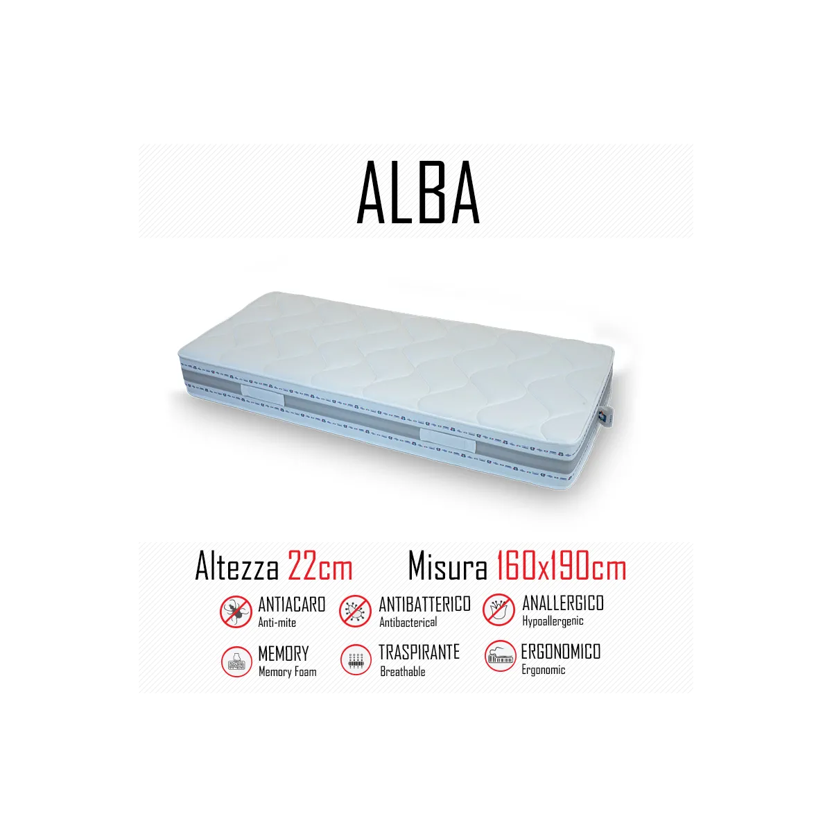 Materasso Alba 160x190 in gomma e memory alto 22cm