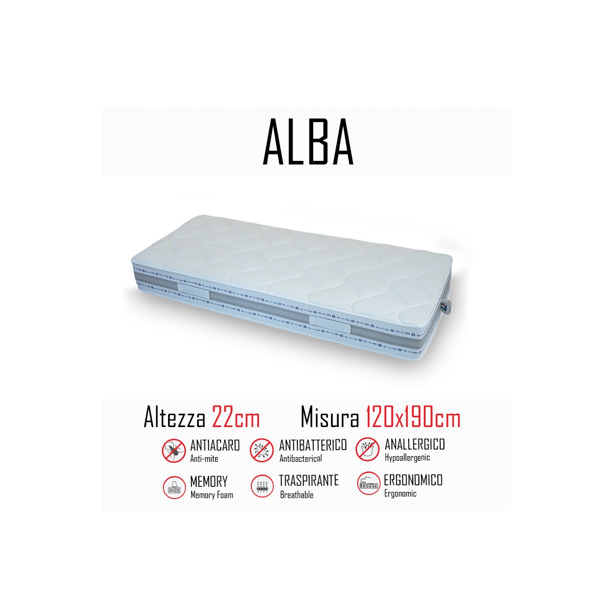 Alba-Matratze 120x190 aus Gummi und Memory, 22 cm hoch