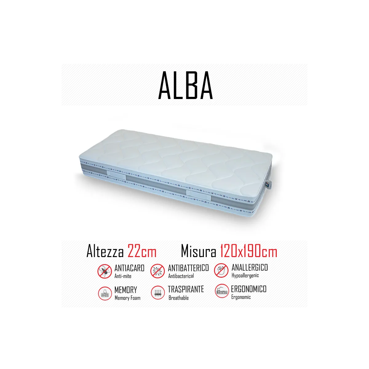 Materasso Alba 120x190 in gomma e memory alto 22cm