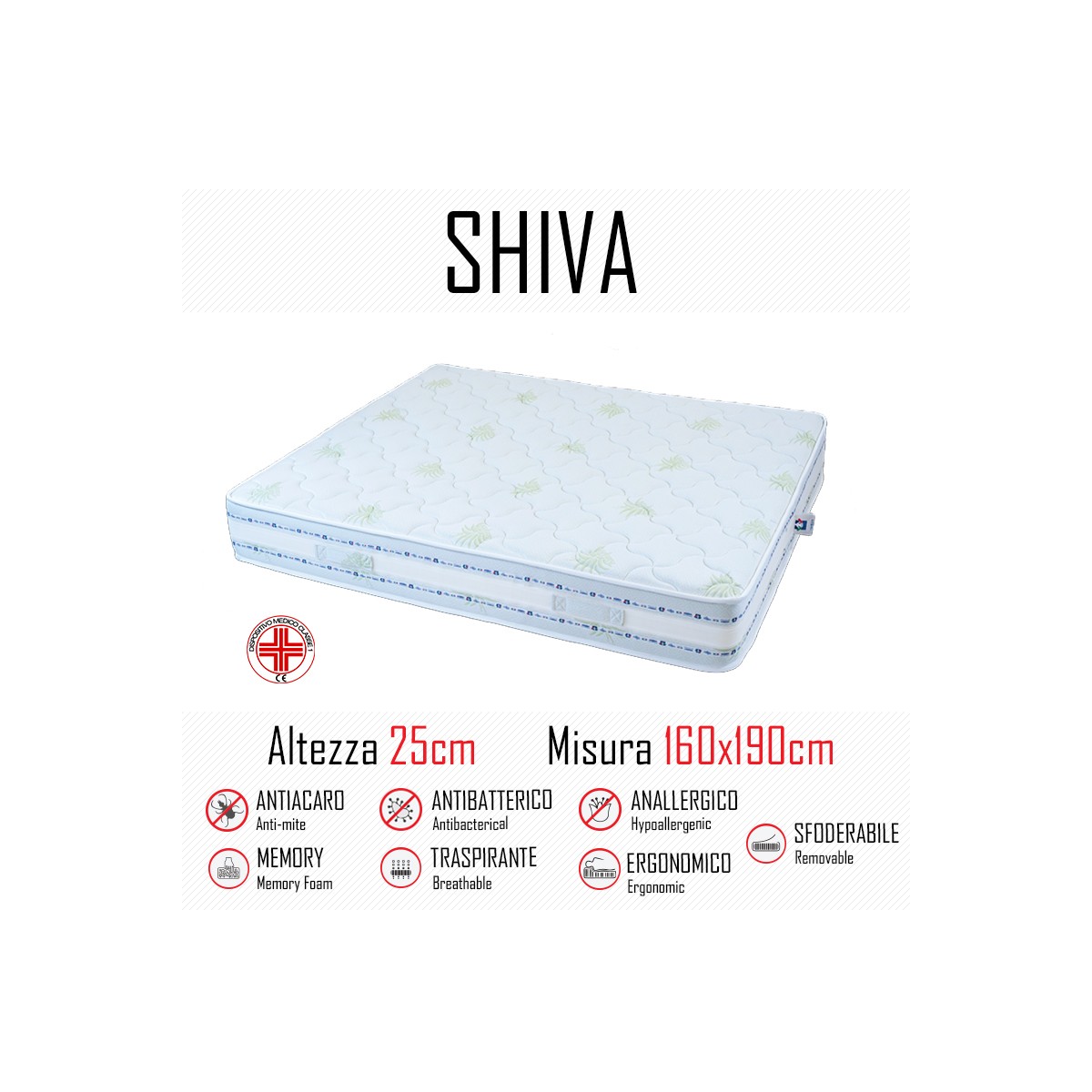 Materasso Shiva9 Zone 160x190 in gomma e memory alto 25cm