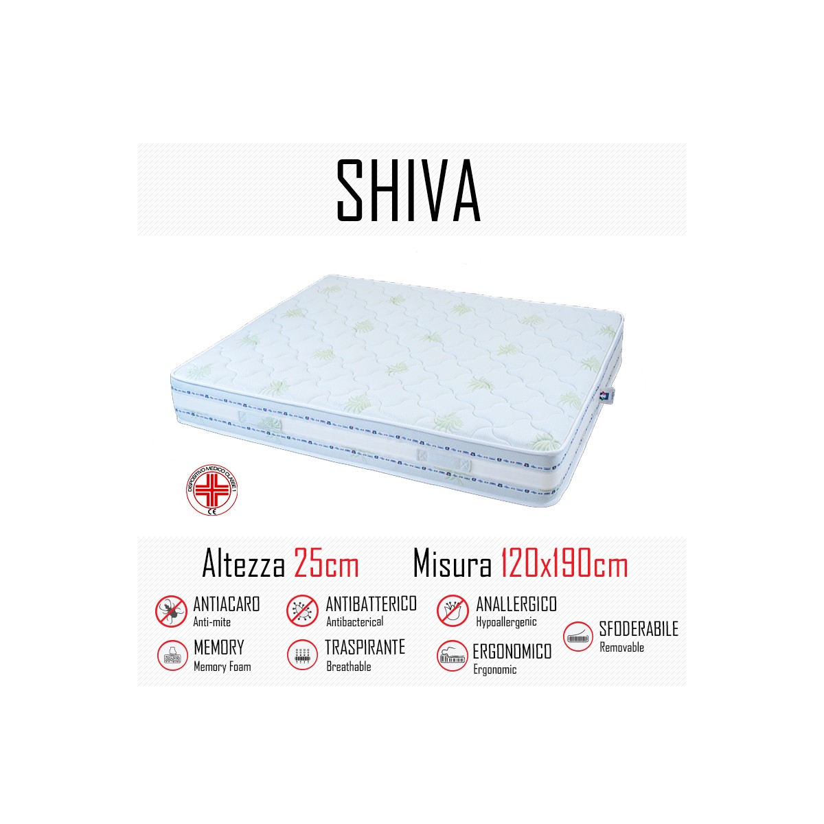 Matelas Shiva9 Zone 120x190 en caoutchouc et mémoire 25cm de hauteur