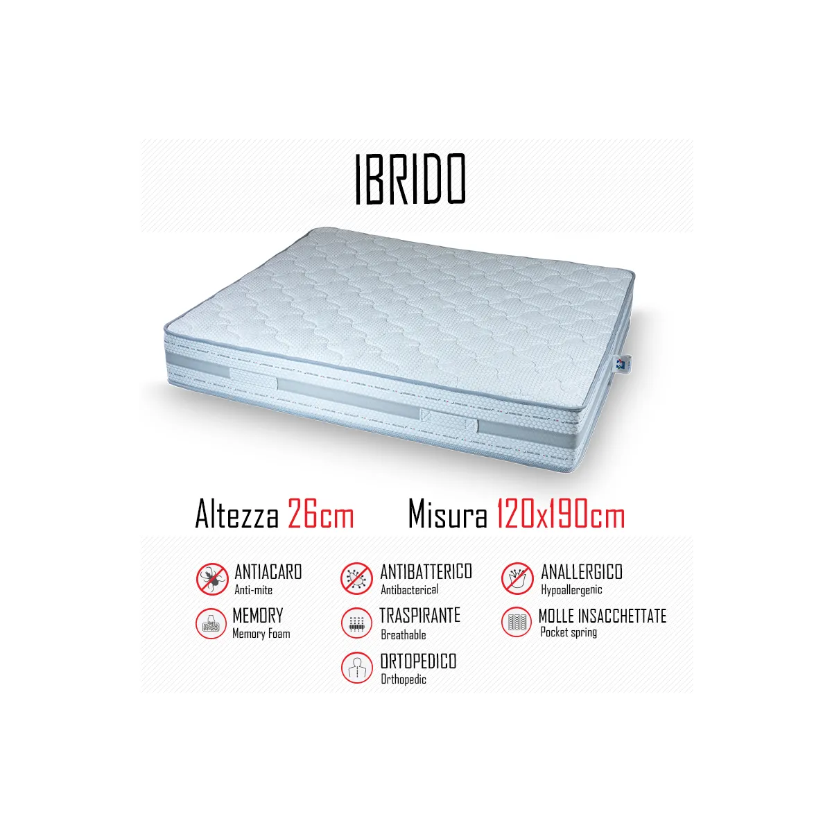 Materasso Ibrido 120x190 a molle indipendenti e memory alto 26cm
