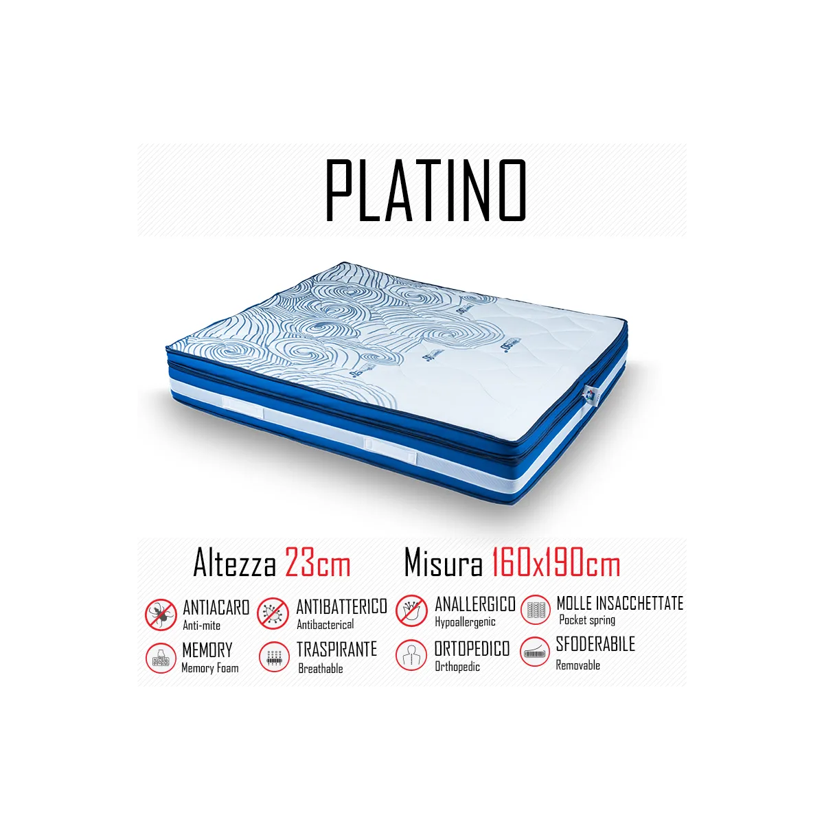 Matelas Platinum 160x190 avec ressorts indépendants et gel mémoire 23cm de hauteur