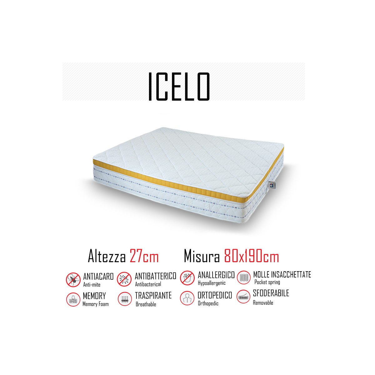 Matelas Icelando 80x190 avec ressorts indépendants et mémoire 27cm de hauteur