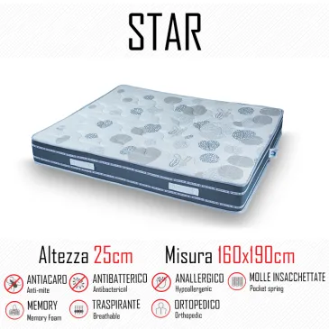 Materasso Star 160x190 a molle indipendenti e memory alto 25cm