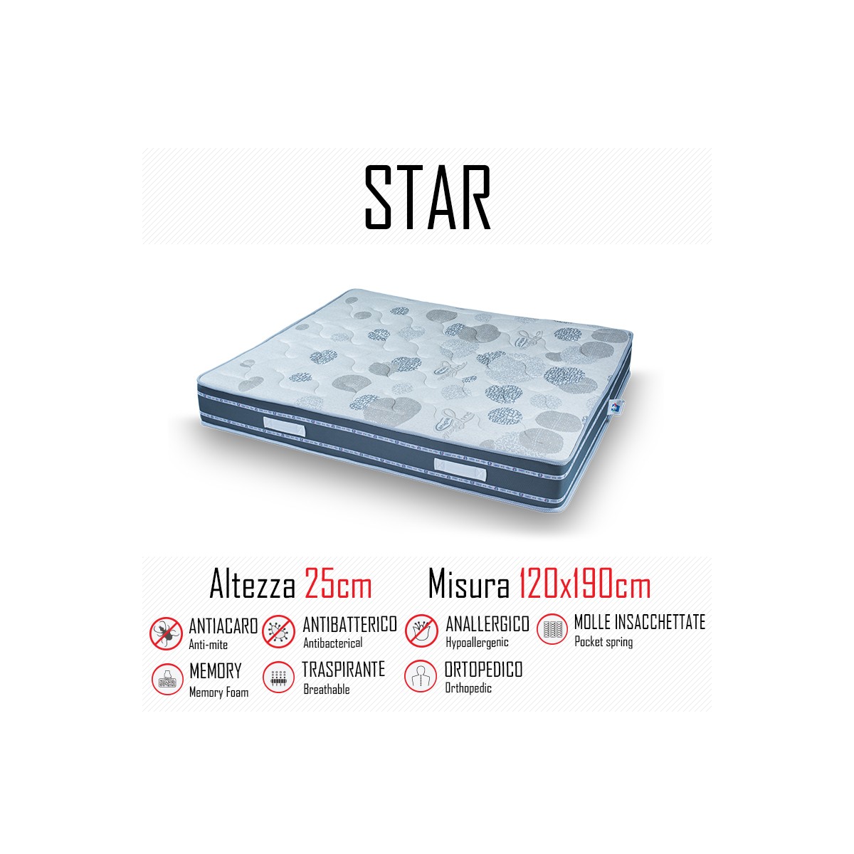 Materasso Star 120x190 a molle indipendenti e memory alto 25cm