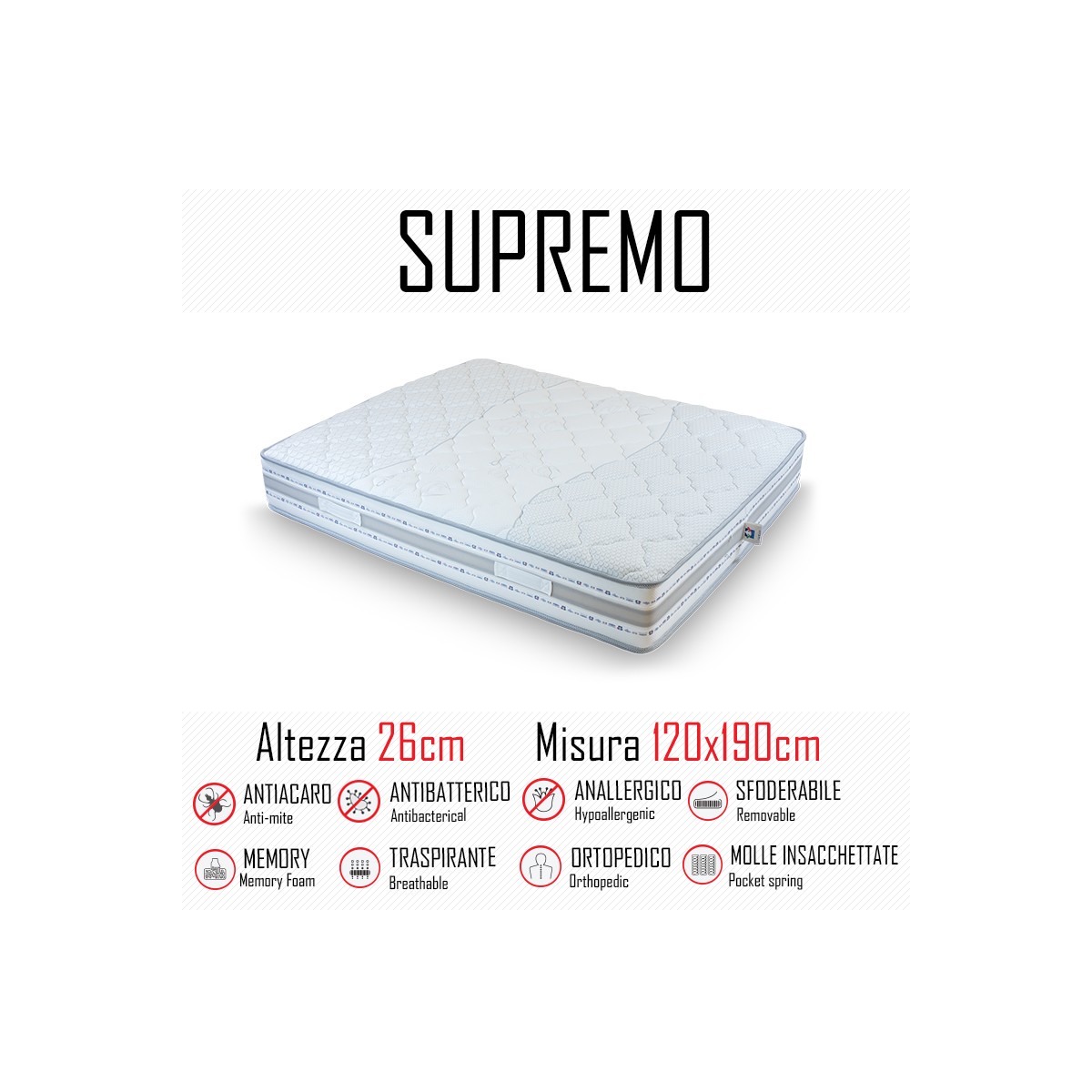 Matelas suprême 120x190 avec ressorts indépendants et mémoire hauteur 26cm