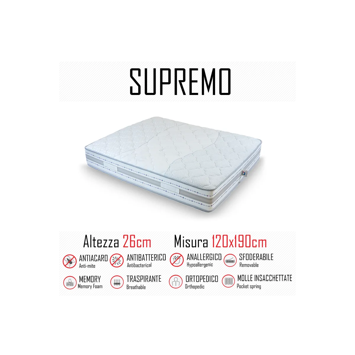 Materasso Supremo 120x190 a molle indipendenti e memory alto 26cm