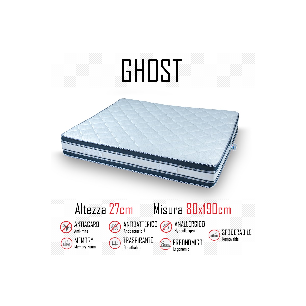 Materasso Ghost Sfod 80x190 in gomma e memory alto 27cm