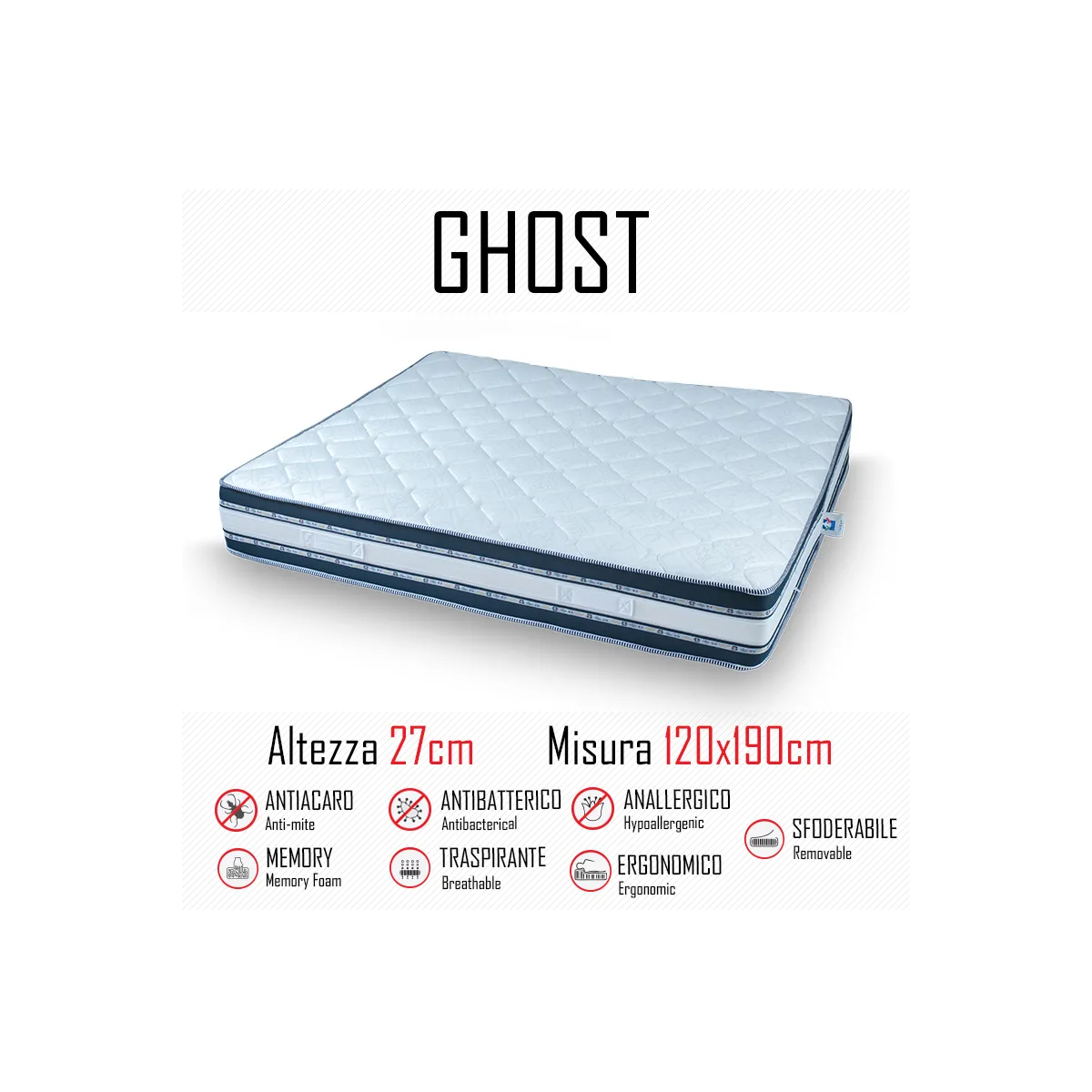 Materasso Ghost Sfod 120x190 in gomma e memory alto 27cm