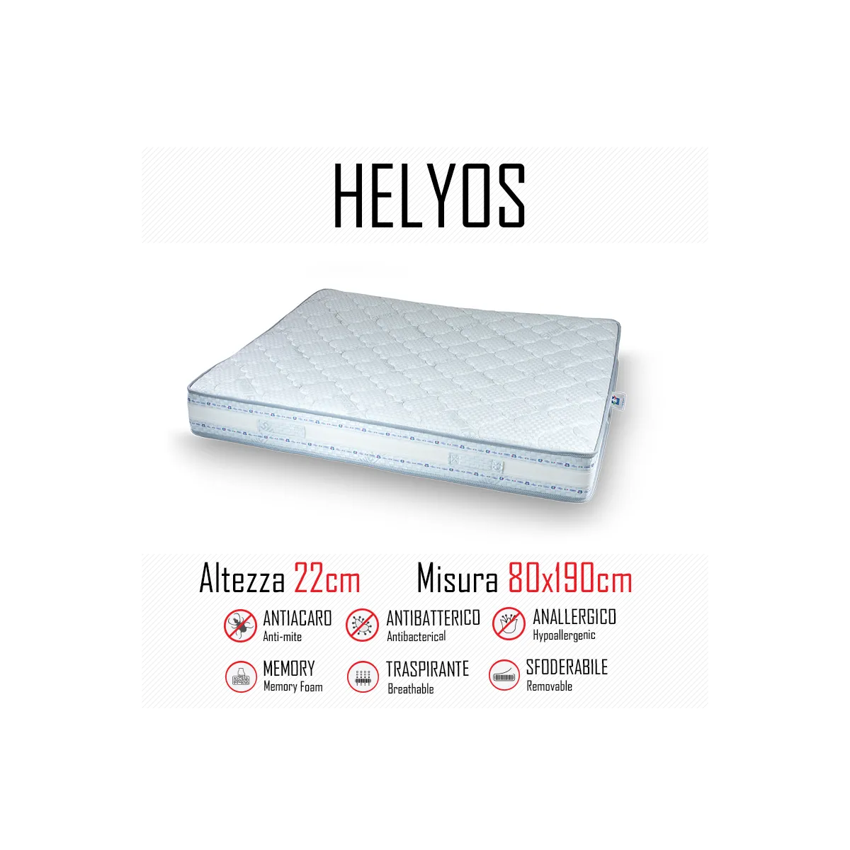 Helyos 80x190 Gummi- und Memory-Matratze, 22 cm hoch