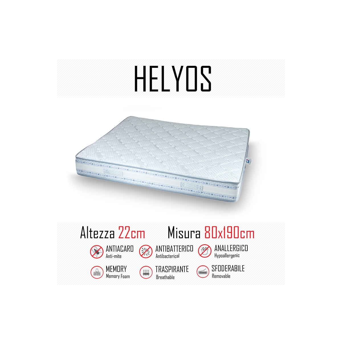 Materasso Helyos 80x190 in gomma e memory alto 22cm