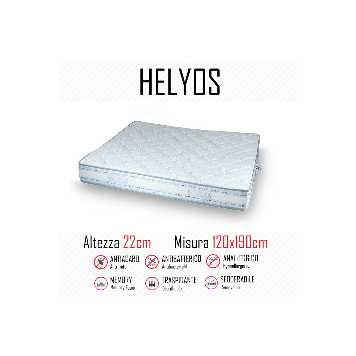 Materasso Helyos 120x190 in gomma e memory alto 22cm