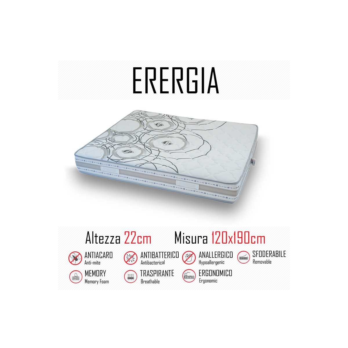 Materasso Energia 120x190 in gomma e memory alto 22cm