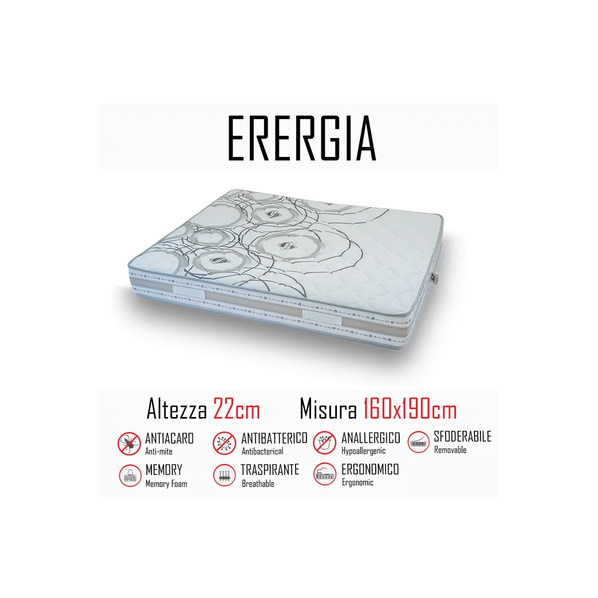 Materasso Energia 160x190 in gomma e memory alto 22cm