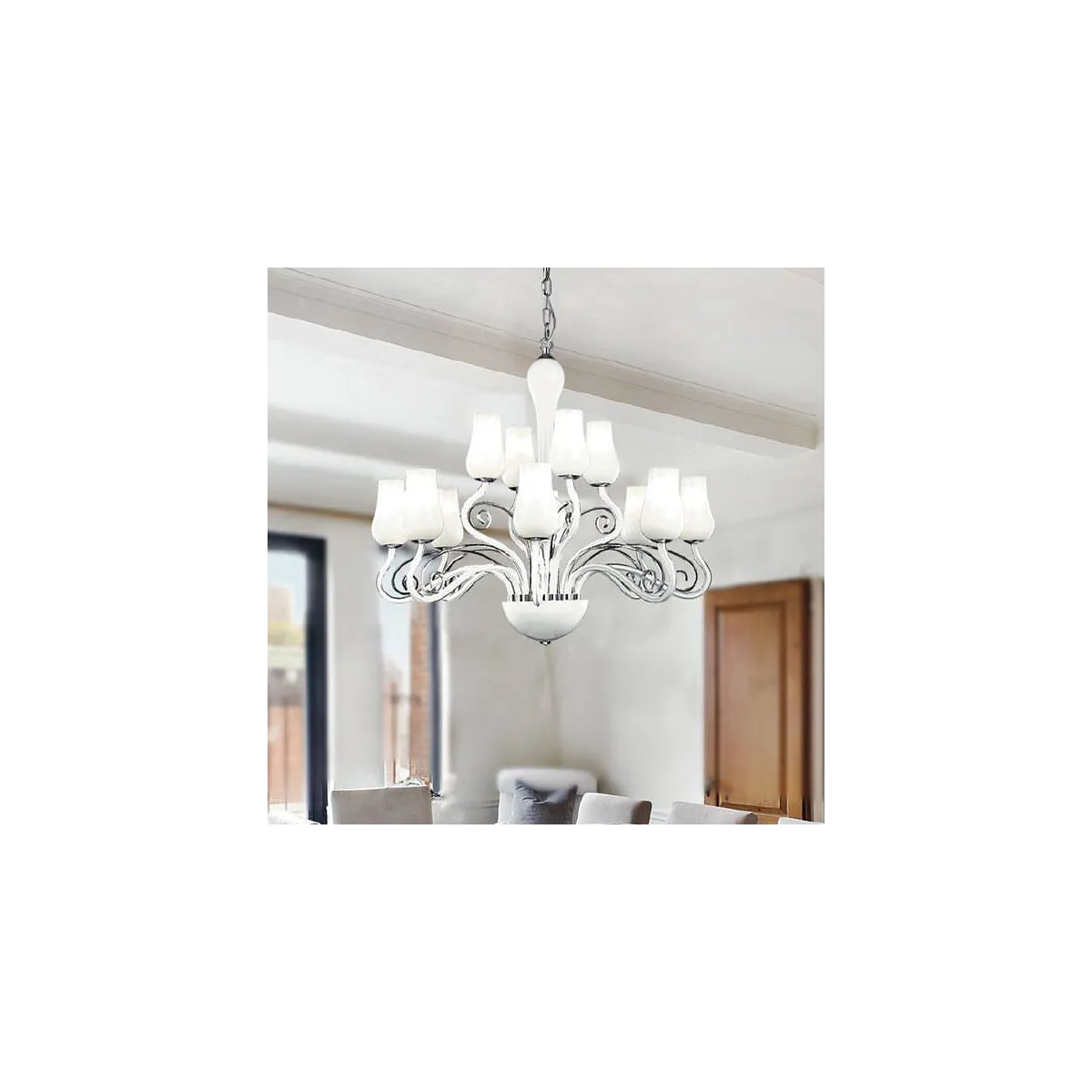 I-ANGEL/12 - Lampadario Vetro Soffiatto Bianco Trasperente Decoro Cromato Classico E14