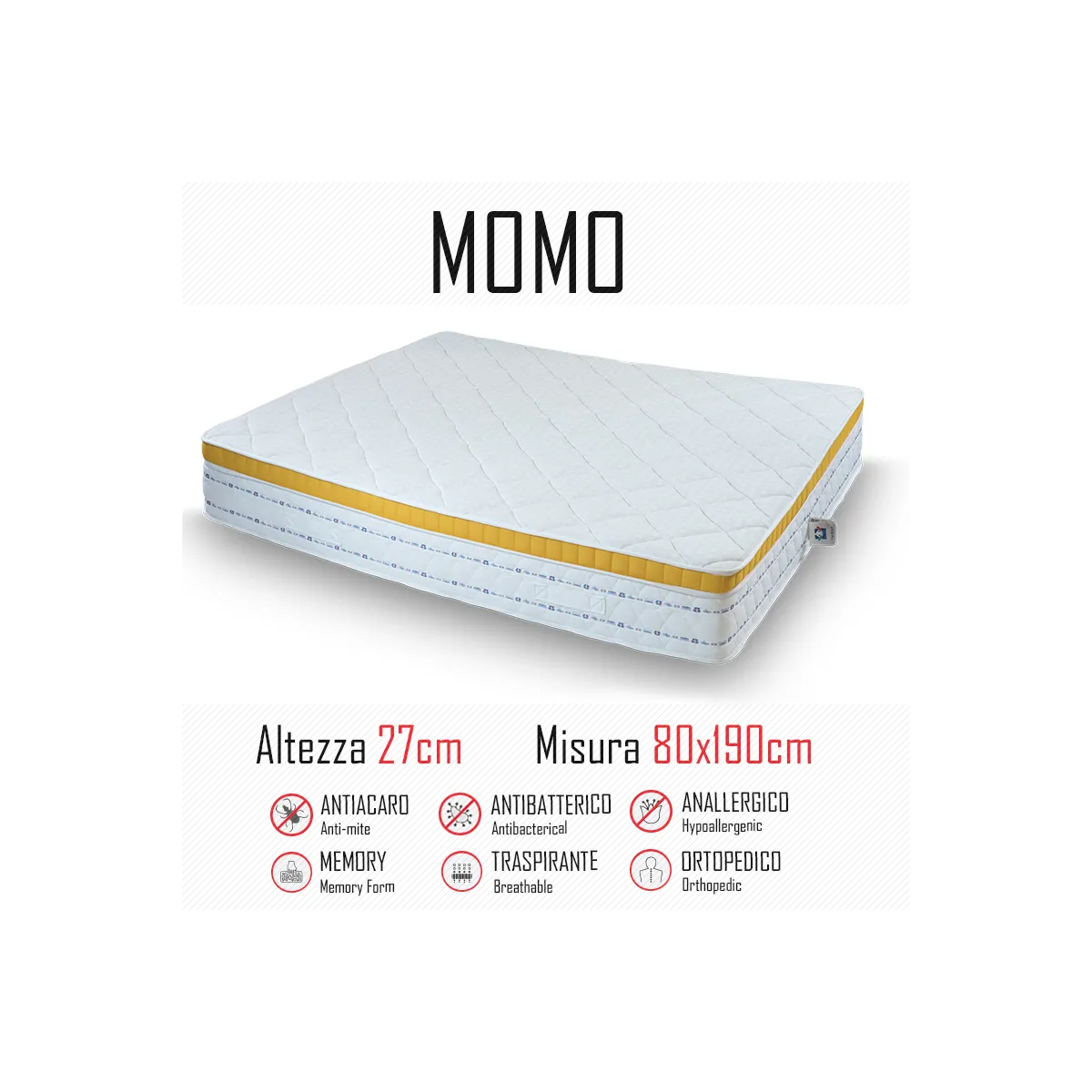 Momo-Matratze 80x190 Gummi und Memory 27 cm hoch